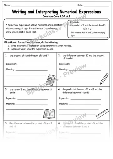 2 Write Interpret Expressions Variant 2 — Grade 5 worksheet preview