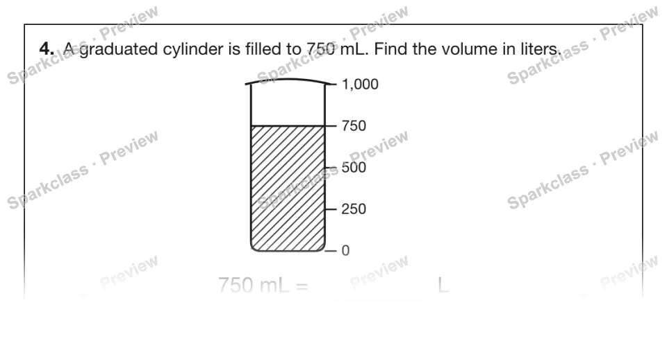 4. A graduated cylinder is filled to 750 mL. Find the volume in liters. 0 250 500 750 1,000 750 mL = L — page 1