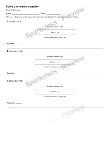 Solve a one-step equation — Warm-up — Grade 8 worksheet preview