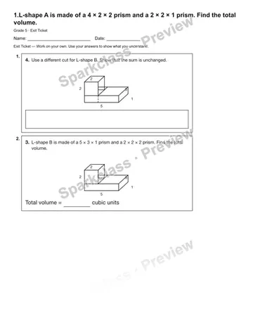 1.L-shape A is made of a 4 × 2 × 2 prism and a 2 × 2 × 1 prism. Find the total volume. — Exit Ticket — Grade 5 worksheet preview