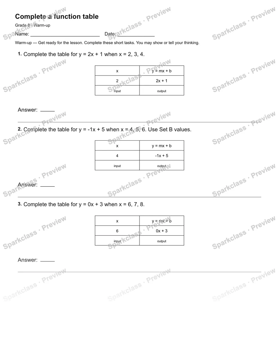 Complete a function table — Warm-up — page 2