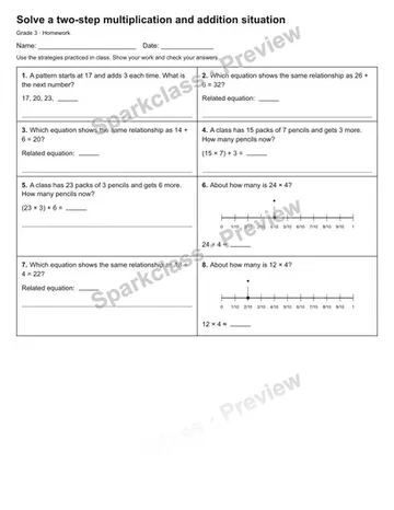 Solve a two-step multiplication and addition situation — Homework — Grade 3 worksheet preview