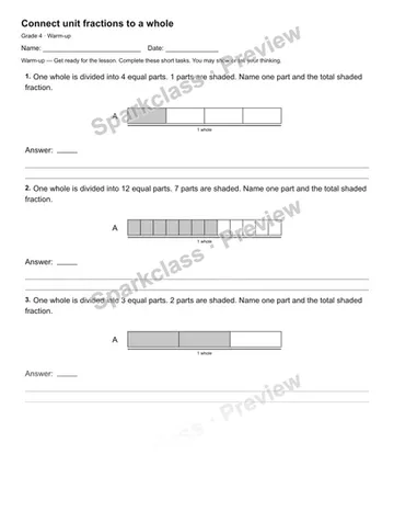 Connect unit fractions to a whole — Warm-up — Grade 4 worksheet preview
