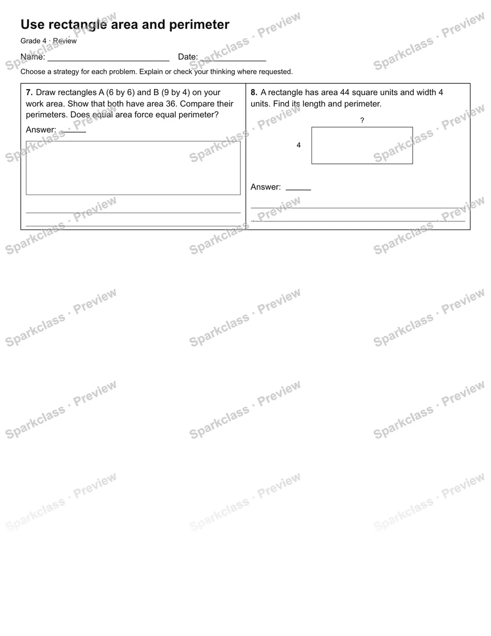 Use rectangle area and perimeter — Review — page 2