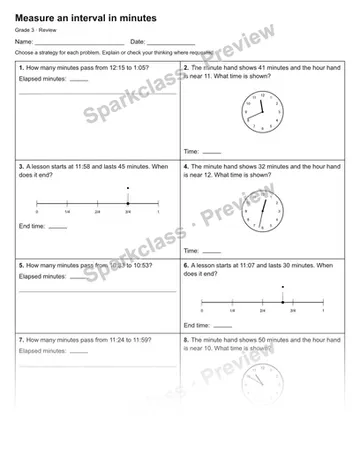 Measure an interval in minutes — Review — Grade 3 worksheet preview