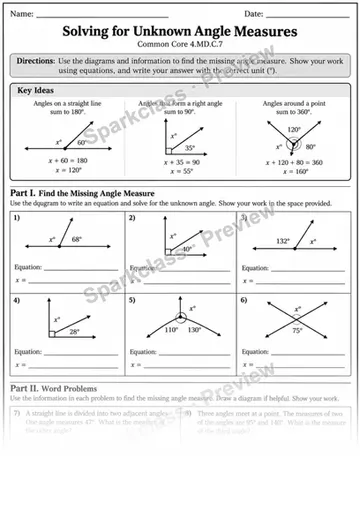 Unknown Angle Measures — Grade 4 worksheet preview