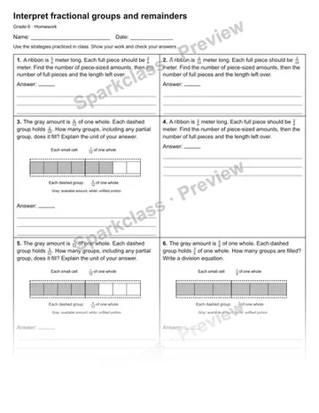 Interpret fractional groups and remainders — Homework — Grade 6 worksheet preview