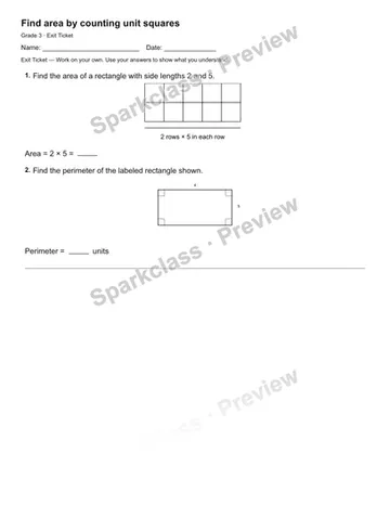 Find area by counting unit squares — Exit Ticket — Grade 3 worksheet preview