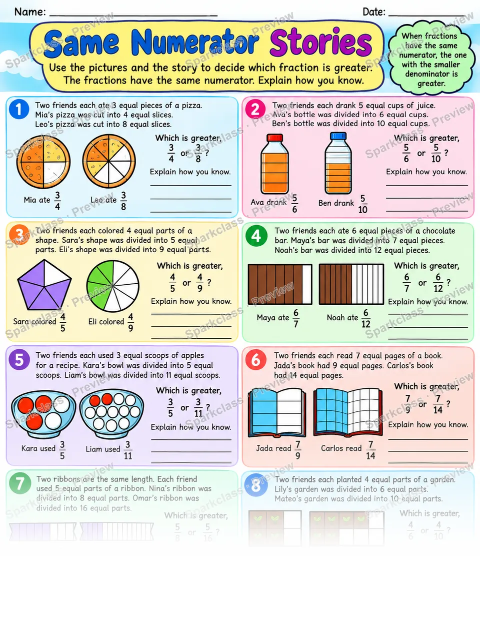 Compare Same Numerator Word Problems — page 1
