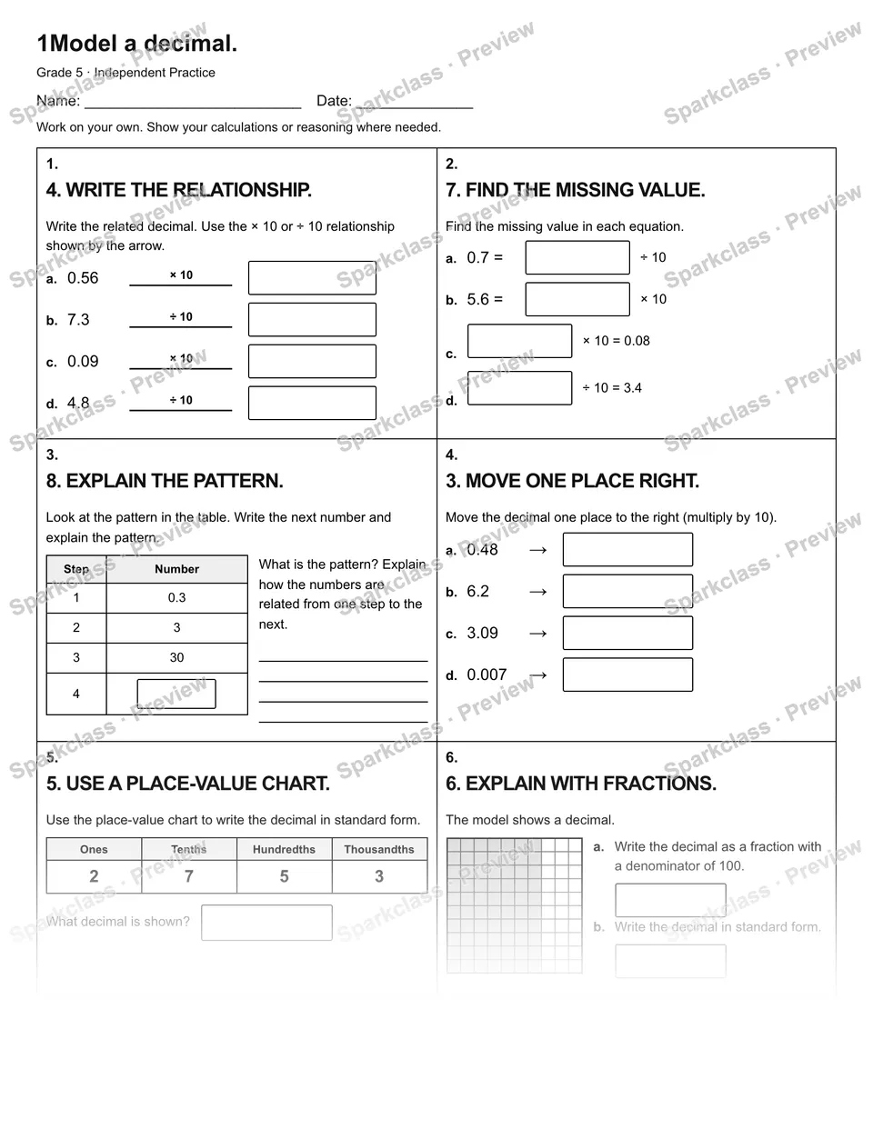 1Model a decimal. — Independent Practice — page 1
