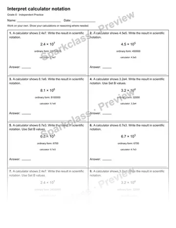 Interpret calculator notation — Independent Practice — Grade 8 worksheet preview