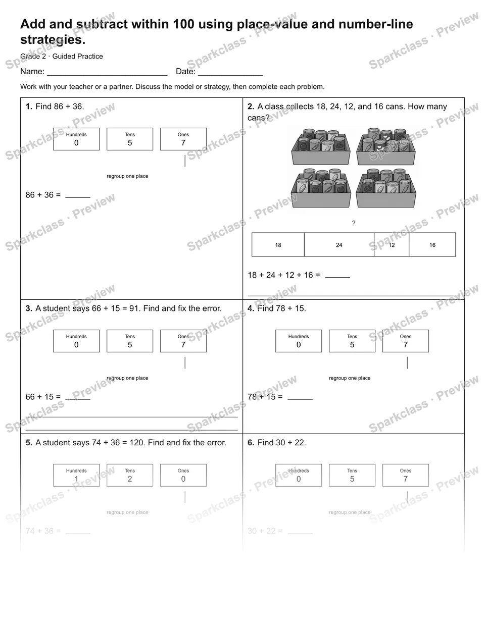 Add and subtract within 100 using place-value and number-line strategies. — Guided Practice — page 1