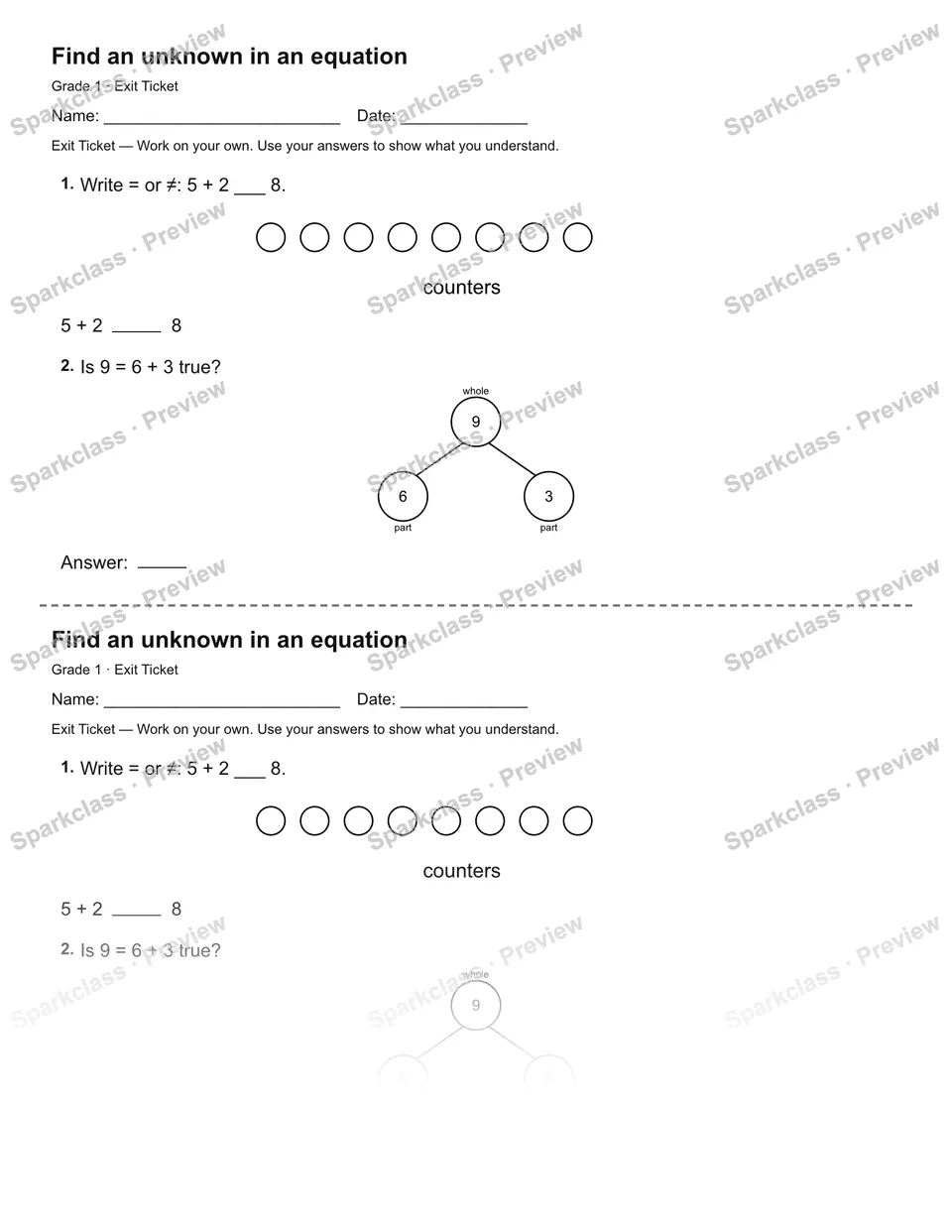 Find an unknown in an equation — Exit Ticket — page 1