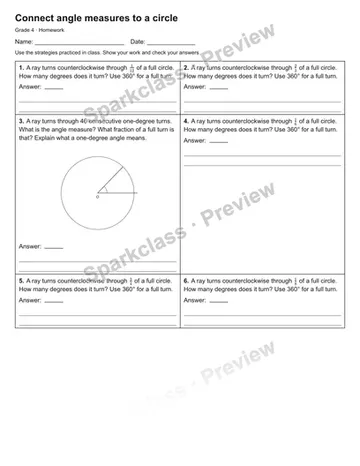 Connect angle measures to a circle — Homework — Grade 4 worksheet preview