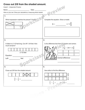 Cross out 2/8 from the shaded amount. — Independent Practice — Grade 5 worksheet preview