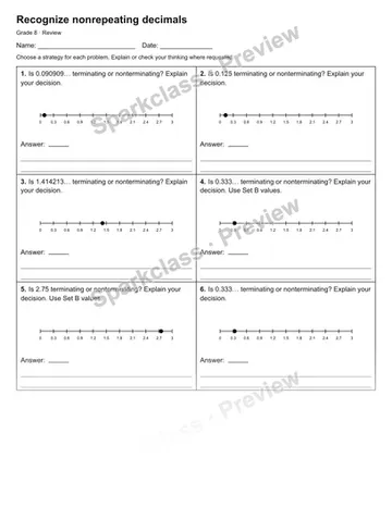 Recognize nonrepeating decimals — Review — Grade 8 worksheet preview
