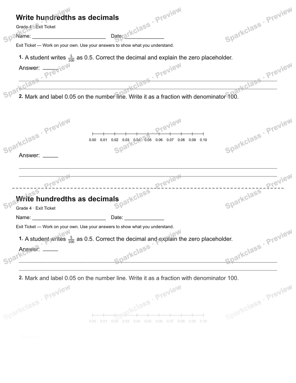 Write hundredths as decimals — Exit Ticket — page 1