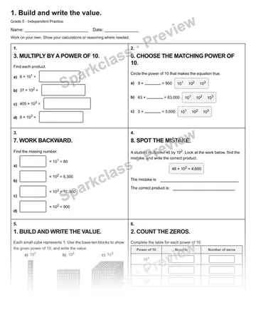 1. Build and write the value. — Independent Practice — Grade 5 worksheet preview