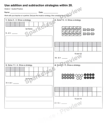 Use addition and subtraction strategies within 20. — Guided Practice — Grade 2 worksheet preview