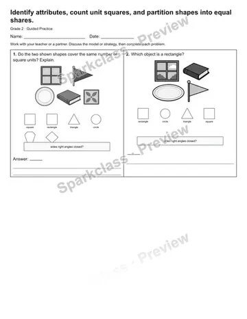 Identify attributes, count unit squares, and partition shapes into equal shares. — Guided Practice — Grade 2 worksheet preview