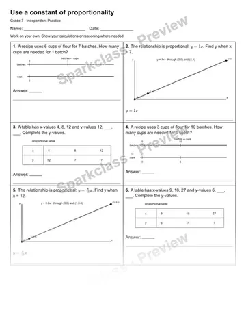 Use a constant of proportionality — Independent Practice — Grade 7 worksheet preview