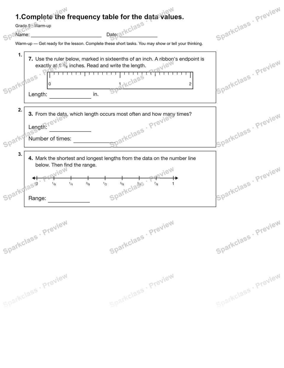 1.Complete the frequency table for the data values. — Warm-up — page 2