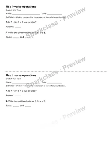 Use inverse operations — Exit Ticket — Grade 1 worksheet preview