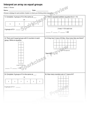 Interpret an array as equal groups — Review — Grade 3 worksheet preview