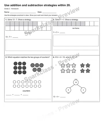 Use addition and subtraction strategies within 20. — Homework — Grade 2 worksheet preview