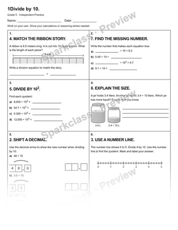 1Divide by 10. — Independent Practice — Grade 5 worksheet preview