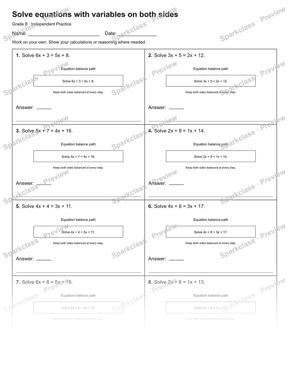 Solve equations with variables on both sides — Independent Practice — page 1