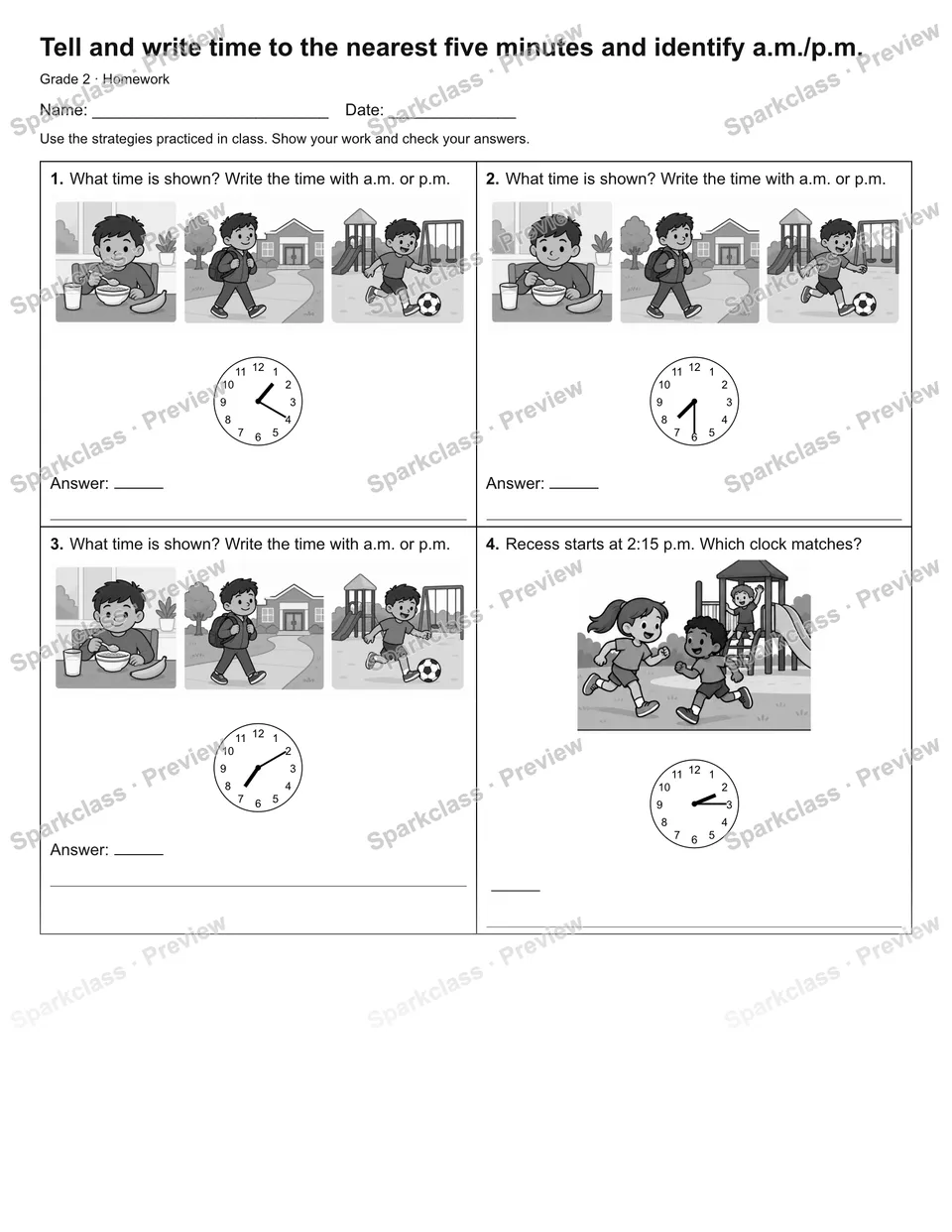 Tell and write time to the nearest five minutes and identify a.m./p.m. — Homework — page 1