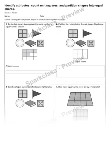 Identify attributes, count unit squares, and partition shapes into equal shares. — Review — Grade 2 worksheet preview