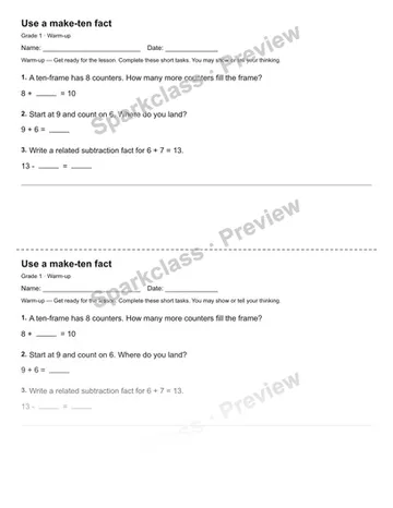 Use a make-ten fact — Warm-up — Grade 1 worksheet preview