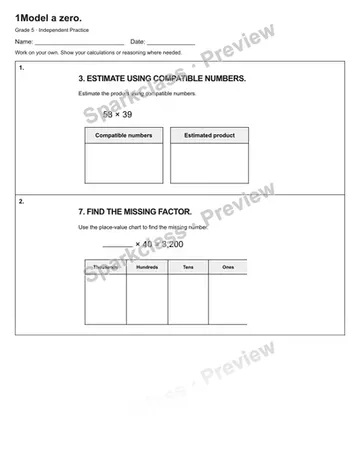 1Model a zero. — Independent Practice — Grade 5 worksheet preview