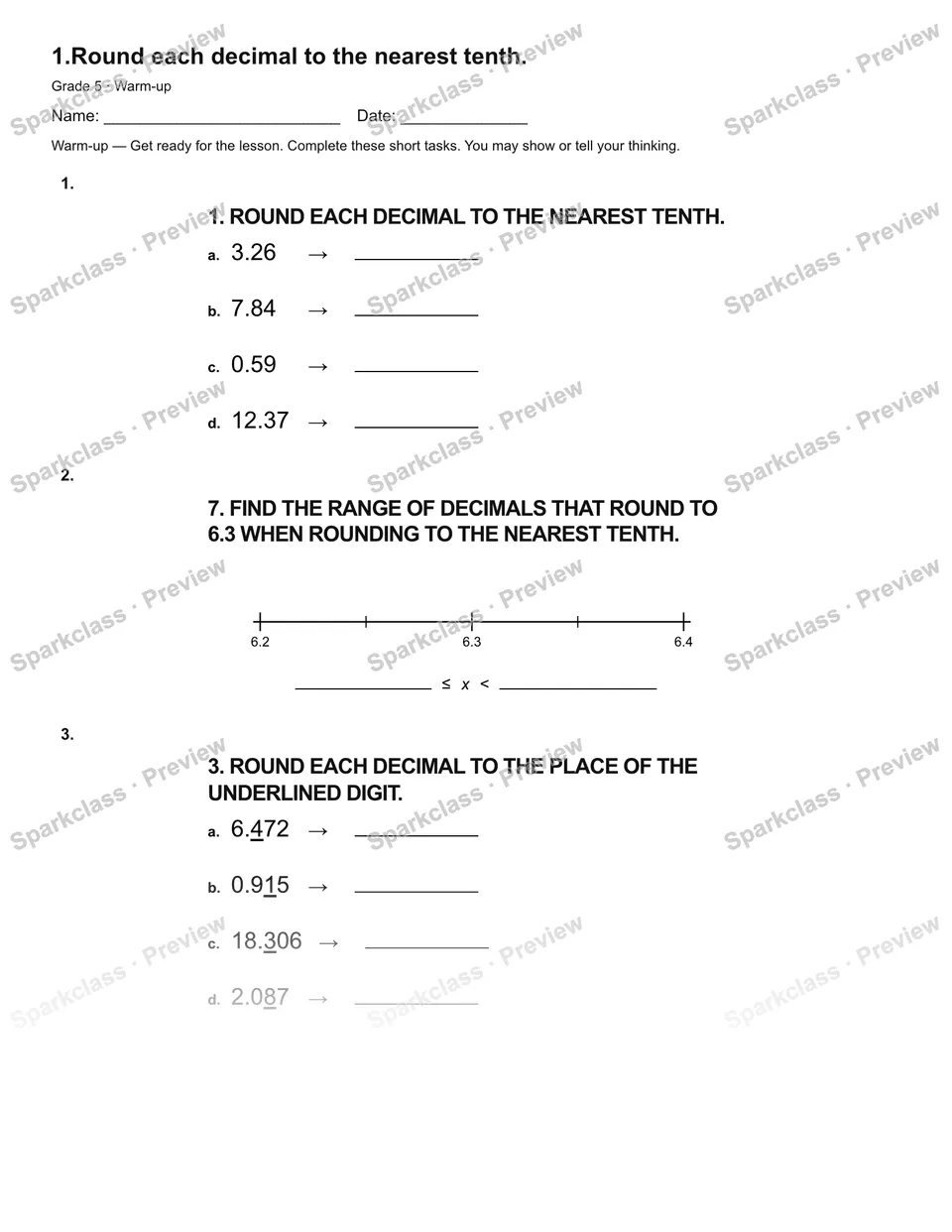 1.Round each decimal to the nearest tenth. — Warm-up — page 2