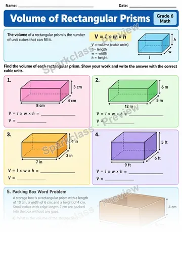 Volume Prisms — Grade 6 worksheet preview