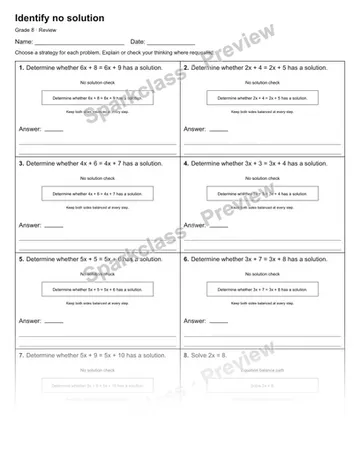 Identify no solution — Review — Grade 8 worksheet preview