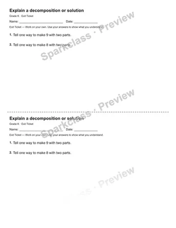 Explain a decomposition or solution — Exit Ticket — Kindergarten worksheet preview