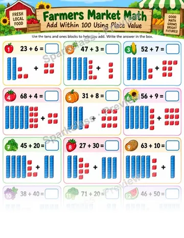 Farmers Market Add Within 100 — Grade 1 worksheet preview