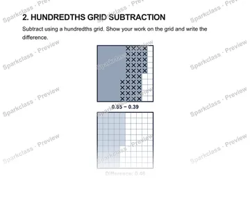 2. HUNDREDTHS GRID SUBTRACTION Subtract using a hundredths grid. Show your work on the grid and write the difference. 0.85 − 0.39 Difference: 0.46 0.85 − 0.39 = — Grade 5 problem preview