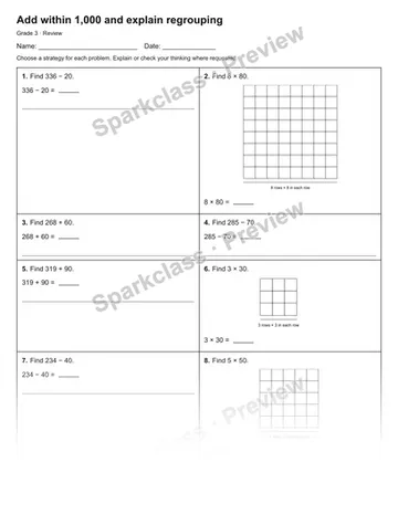 Add within 1,000 and explain regrouping — Review — Grade 3 worksheet preview