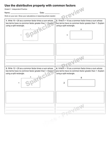 Use the distributive property with common factors — Independent Practice — Grade 6 worksheet preview