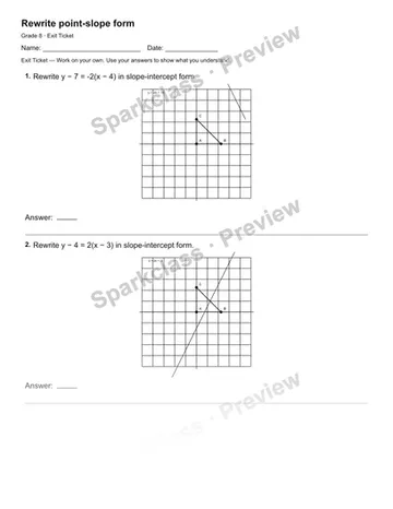 Rewrite point-slope form — Exit Ticket — Grade 8 worksheet preview
