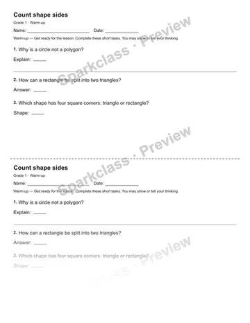 Count shape sides — Warm-up — Grade 1 worksheet preview