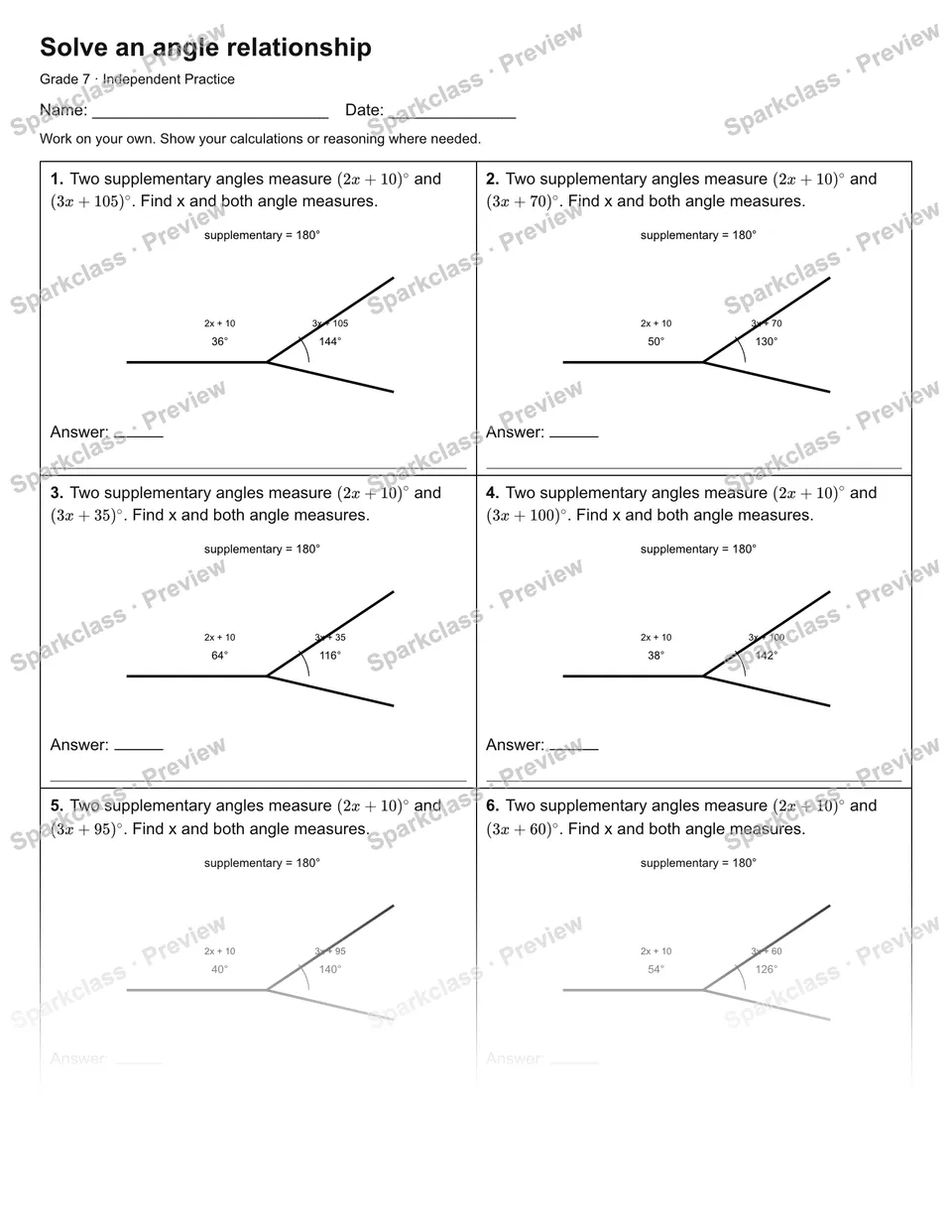 Solve an angle relationship — Independent Practice — page 1