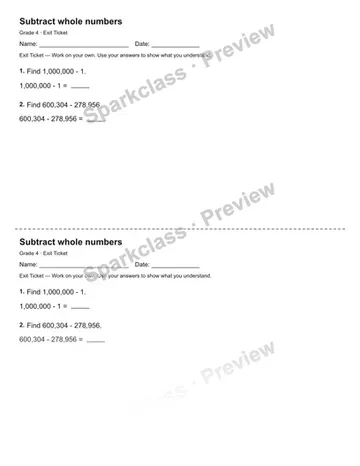 Subtract whole numbers — Exit Ticket — Grade 4 worksheet preview