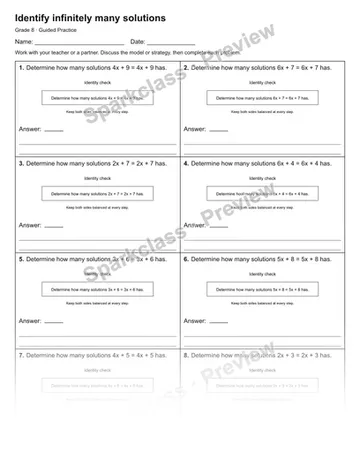 Identify infinitely many solutions — Guided Practice — Grade 8 worksheet preview
