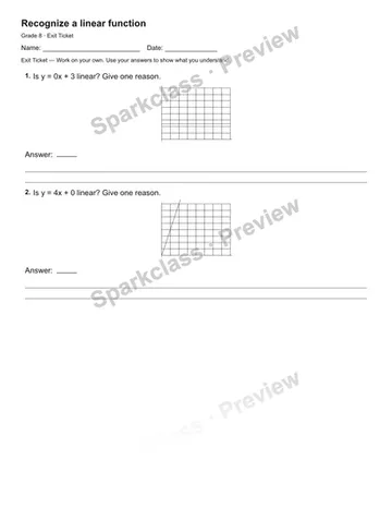 Recognize a linear function — Exit Ticket — Grade 8 worksheet preview