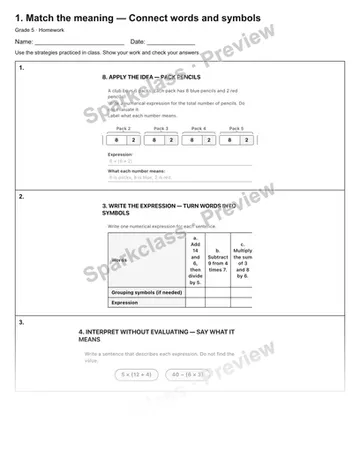 1. Match the meaning — Connect words and symbols — Homework — Grade 5 worksheet preview